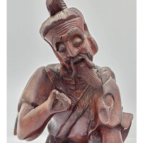 Vintage Asian Chinese Fisherman Hand Carved Wooden Sculpture Sage Elder Fish 12" - Picture 12 of 16